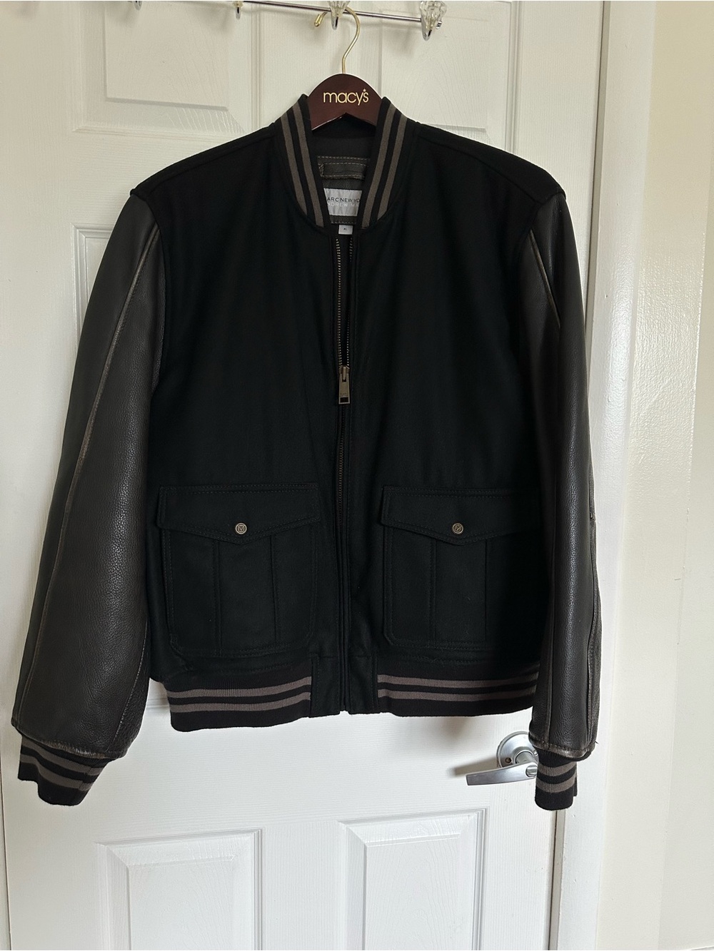 Marc New York by Andrew Marc Wool Leather Moto Varsity Bomber Jacket Black